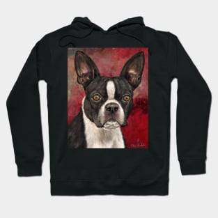 Painting of Black and White Boston Terrier on Burgundy Background Hoodie